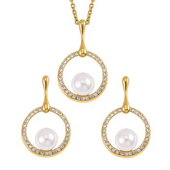 3er Set Wei&szlig;e Muschelkernperle Schmuckset mit Kette und Ohrringe, Reiner Edelstahl