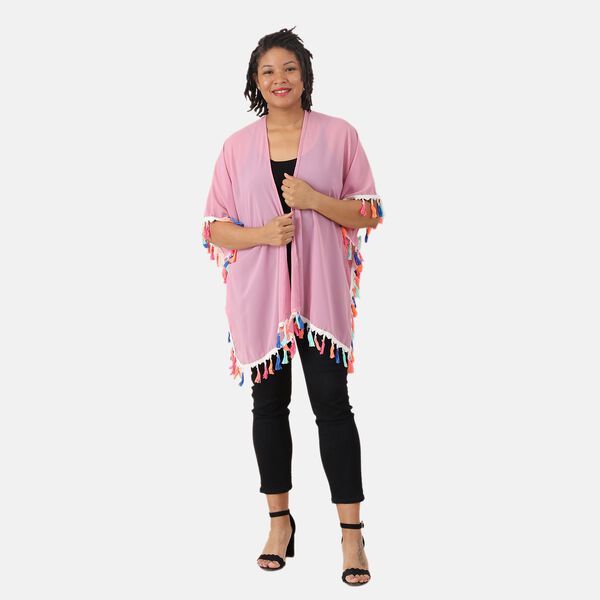 Chiffon Kimono mit mehrfarbigen Quasten, Einheitsgr&ouml;&szlig;e, Hellrosa