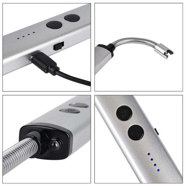Elektronisches USB-Feuerzeug mit Taschenlampe, wiederaufladbar per USB, 24x2.6x1.8 cm, Silber image number 7