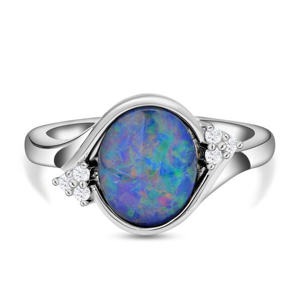 Boulder Opal Triplett und Zirkon-Bypass-Ring, 925 Silber rhodiniert, 2,22 ct.