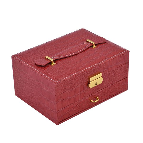 2-lagige Schmuckschatulle mit Kroko-Pr&auml;gung und Schloss mit Schl&uuml;ssel, Rot image number 3