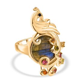 Labradorit, Mehrfarbiger-Turmalin Ring, Messing, (Größe 16.00) ca. 11.00 ct