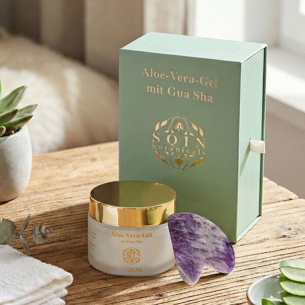 "ALOE VERA gel with Gemstone Rose quartz - 225 ml Gua Sha Size  Color - Green Box Size- 17 - x 11  x 7 cm Gua sha Dimension - 7 x 4.5 cm", " Amethyst Gemstone Gua sha  Size - 7 x 4.5 cm Color- Purple" image number 1
