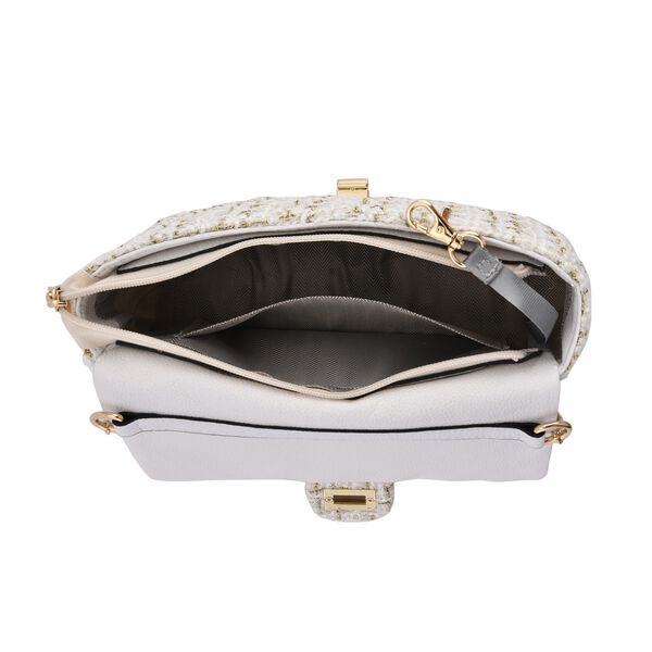 Umhängetasche aus 100% echtem Leder mit Bouclé-Stoff, Elfenbein image number 6