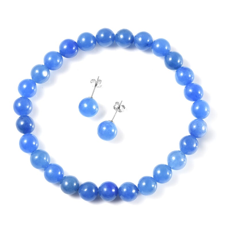 2er-Set flexibles, blaues Jade-Armband, 19 cm, und Ohrstecker, 925 Silber rhodiniert ca. 126,00 ct image number 0