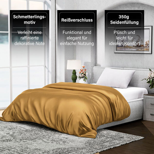 Serenity Night - 100% Maulbeerseide Sommerseidendecke mit Seidenf&uuml;llung Daunenkissen und Seidenkissenbezug Gold image number 12