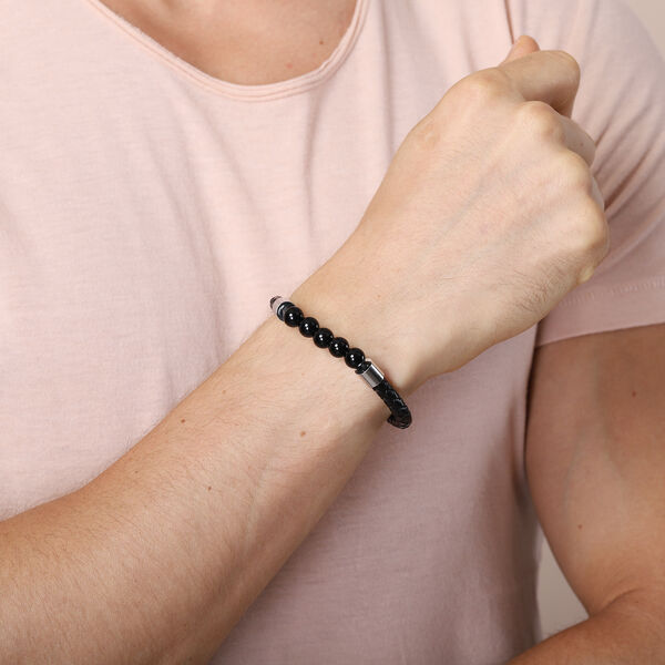 Schwarzes Achatperlen-, Leder Herren-Armband, 20 cm lang, Edelstahl ca. 25,00 ct image number 2