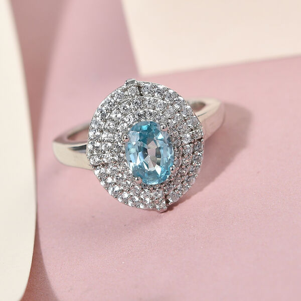 Kambodschanischer blauer und wei&szlig;er Zirkon Halo-Ring, 925 Silber platiniert  ca. 1,93 ct image number 2