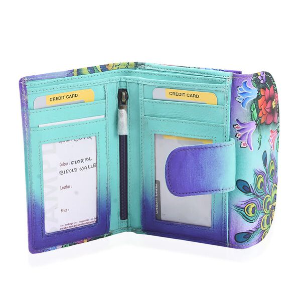 SUKRITI - handbemalte Bi-Fold Geldbörse aus echtem Leder mit RFID Schutz, Schmetterling, 14x9,52 cm, Türkis image number 3