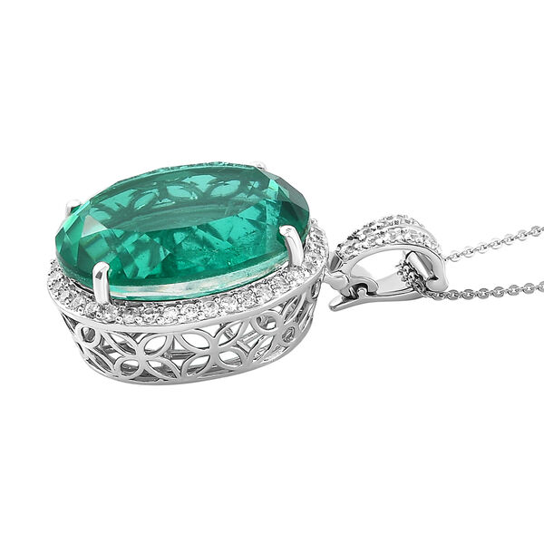 Smaragd-Triplett-Quarz und Zirkon-Halo-Anh&auml;nger mit Kette in Silber, 34,29 ct image number 4