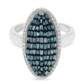 Blauer und Wei&szlig;er Diamant Cluster Ring 925 Silber Platin-&Uuml;berzug