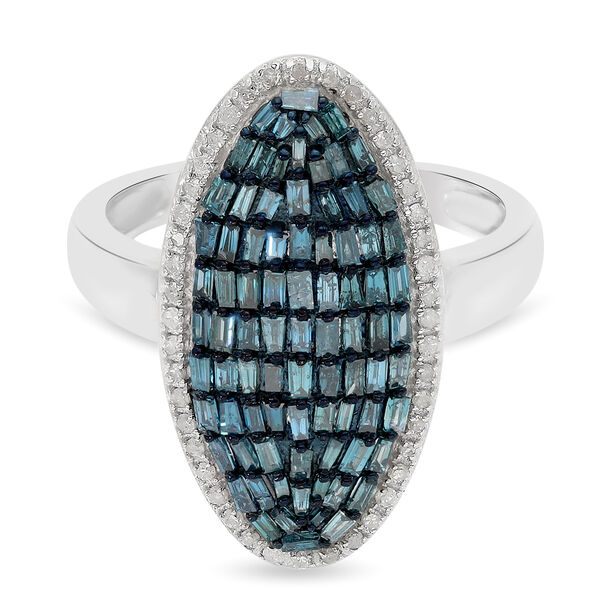 Blauer und Wei&szlig;er Diamant Cluster Ring 925 Silber Platin-&Uuml;berzug