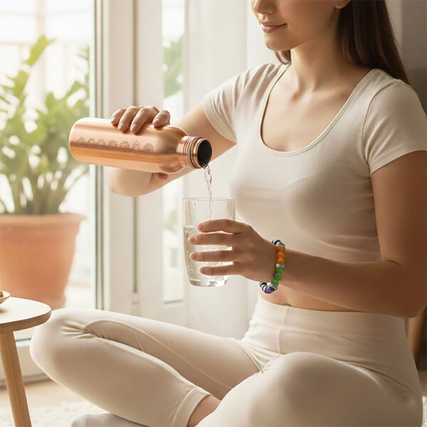 2er-Set - LIVMORE Kupfer-Trinkflasche mit 7-Chakra-Gravur (ca. 900 ml) und Armband mit Chakra-Perlen aus Edelsteinen image number 1