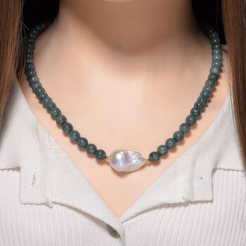 Nat&uuml;rliche Olmek Jadeit und S&uuml;&szlig;wasser Barockperle 50cm Halskette