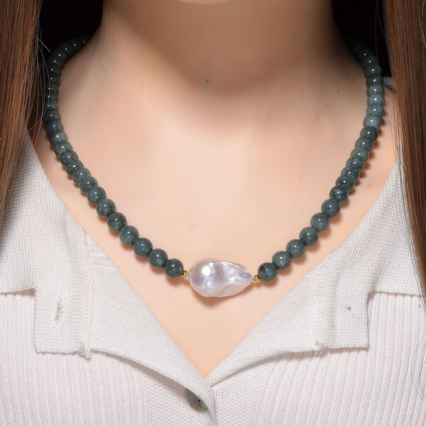 Natürliche Olmek Jadeit und Süßwasser Barockperle 50cm Halskette image number 2