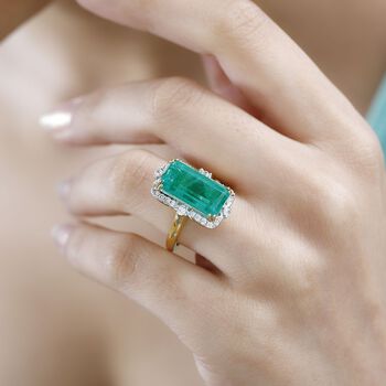 Smaragd-Quarz Triplette, Wei&szlig;er Zirkon Ring 925 Silber 750 Gelbgold Vermeil (Gr&ouml;&szlig;e 20.00) ca. 7,59 ct