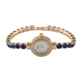 Genoa Time V2 - PC21S Japanisches Uhrwerk, Gehäuse mit weißen Kristallakzenten und PNP-Goldplattierung, runder Zifferblatt mit weißen Ziffern und Kristallen, Kupferkette mit blauen Zirkonia