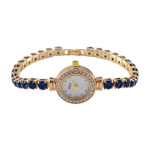 Genoa Time V2 - PC21S Japanisches Uhrwerk, Gehäuse mit weißen Kristallakzenten und PNP-Goldplattierung, runder Zifferblatt mit weißen Ziffern und Kristallen, Kupferkette mit blauen Zirkonia image number 0