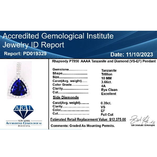 RHAPSODY zertifiziert und geprüft AAAA Tansanit und VS-EF Diamant Anhänger in 950 Platin - 4 ct. image number 5