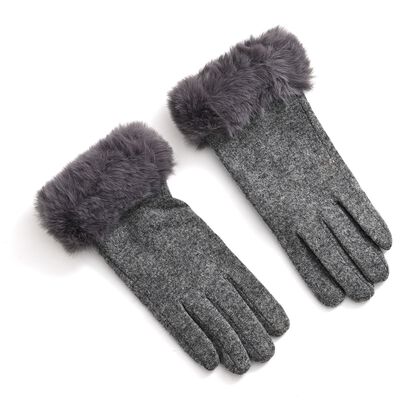Kaschmir-Handschuhe mit Kunstfellbesatz und Touchscreen-Funktion, One Size, Grau