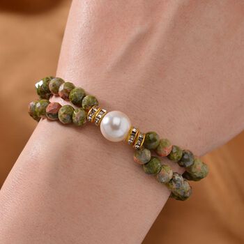 Muschelkernperle-Armband mit Unakit und Wei&szlig;em Kristall, flexibel, vergoldet