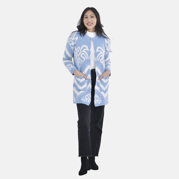 Winter Cardigan mit Kapuze, wei&szlig; und blau