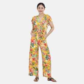 Jumpsuit mit gesmokter Taille und Flatterärmel, gelbes Blumenmuster