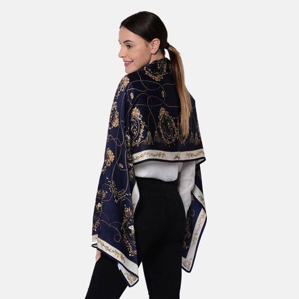 LA MAREY - 100% nat&uuml;rlicher Maulbeerseiden bedruckter Schal in Geschenkbox, 55x170 cm, Dunkelblau&nbsp; image number 2