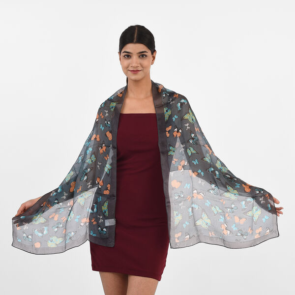 Bedruckter 100% Satin-Seidenschal, 48x160cm, Orange image number 2