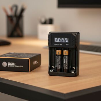 Kompakt-Ladeger&auml;t f&uuml;r AA/AAA NiMH - 4 Sch&auml;chte, LCD, USB