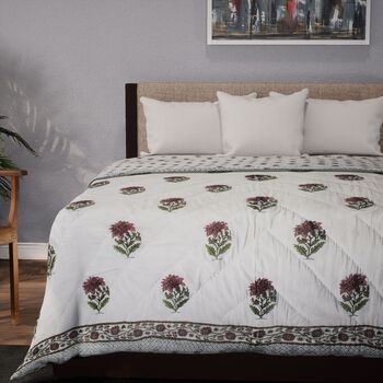 Baumwoll-Voile-Steppdecke mit Blockdruck, inklusive Stofftasche, Oliv