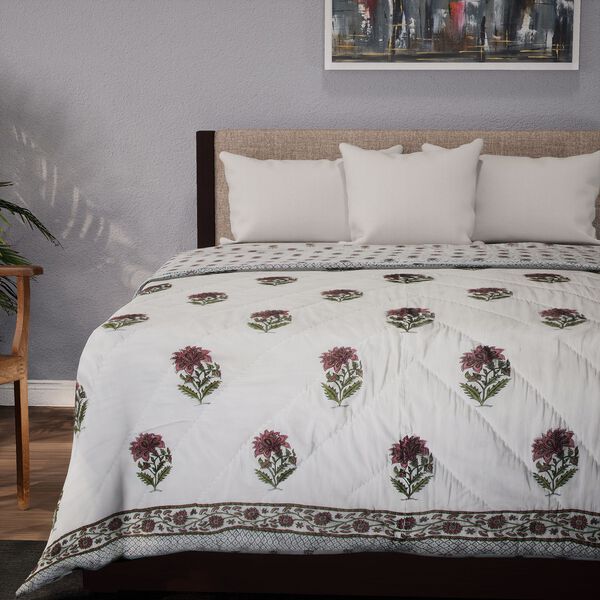 Baumwoll-Voile-Steppdecke mit Blockdruck, inklusive Stofftasche, Oliv image number 3