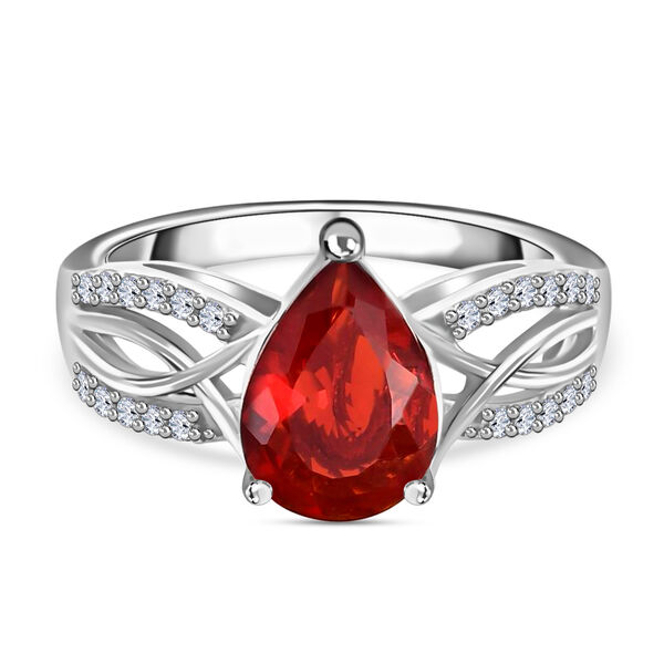 Mexikanischer Kirschfeuer-Opal und Zirkon Ring 925 Silber Platin-&Uuml;berzug