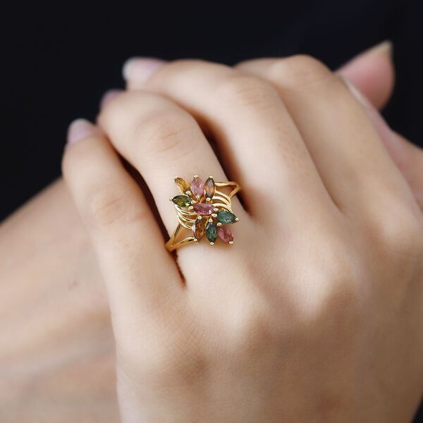 AA Mehrfarbiger-Turmalin Ring, 925 Silber 750 Gelbgold Vermeil (Gr&ouml;&szlig;e 21.00) ca. 1.47 ct image number 3