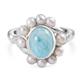 AA Natürlicher grüner Larimar und Süßwasser Perle Ring