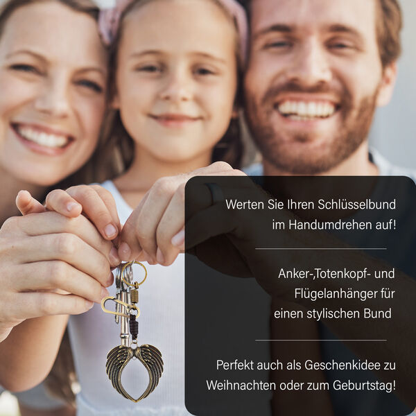 3er Set Schl&uuml;sselanh&auml;nger, Fl&uuml;gel Anker Totenkopf, Bronze image number 4