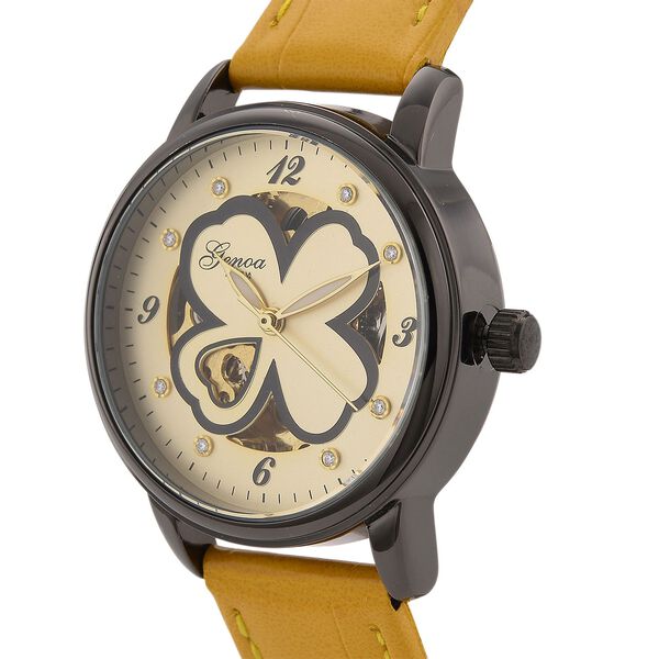 GENOA Automatikuhr mit Automatikwerk, Zifferblatt mit Blumenmuster und Moissaniten, gelbes Lederarmband, 36mm image number 4