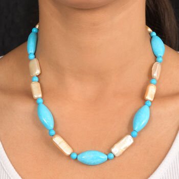 Blau gef&auml;rbte Magnesit und gelb gef&auml;rbte Perle-Halskette,  45+5cm