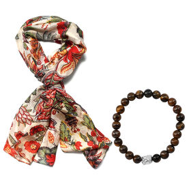 2er Set Luxus 100% Seidenschal und Tigerauge Chakra-Armband
