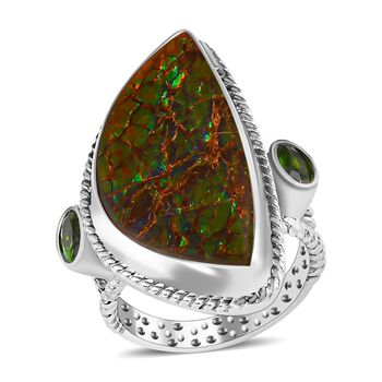 Kanadischer Ammolit und nat&uuml;rlicher Chromdiopsid Ring, 925 Silber platiniert (Gr&ouml;&szlig;e 16.00) ca. 14.44 ct