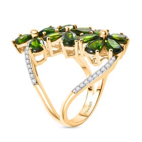 D’joy Natürlicher Chromdiopsid, Weißer Zirkon Ring 925 Silber 750 Gelbgold Vermeil (Größe 17.00) ca. 5,70 ct