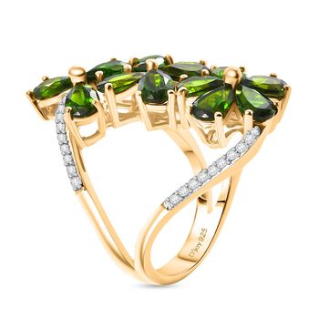 Nat&uuml;rlicher Chromdiopsid, Wei&szlig;er Zirkon Ring 925 Silber 750 Gelbgold Vermeil (Gr&ouml;&szlig;e 17.00) ca. 5.70 ct