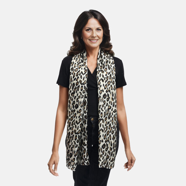 Bedruckter Seidenschal und Rosenquarz-Edelstein-Schl&uuml;sselanh&auml;nger mit Geschenkbox, schwarz und cr&egrave;me image number 2