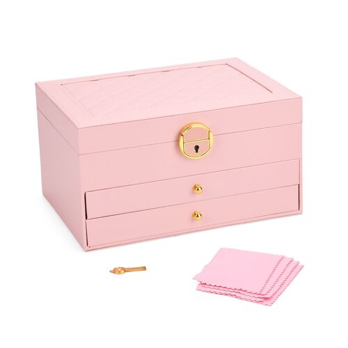 3 layer PU Jewelry box with 5pcs Silver Polish cleaning cloth, 3 layer PU Diamond pattern Jewelry box with 5pcs Silver Polish cleaning cloth; 23x17x13cm(9x7x5.12inch); Material:PU+MDF Pink  5pcs Anti Tarnish Silver Polishing Clean cloth double side usage image number 1