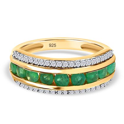 Kagem Sambischer Smaragd, Weißer Zirkon Ring, 925 Silber Gelbgold Vermeil (Größe 21.00) ca. 1.45 ct