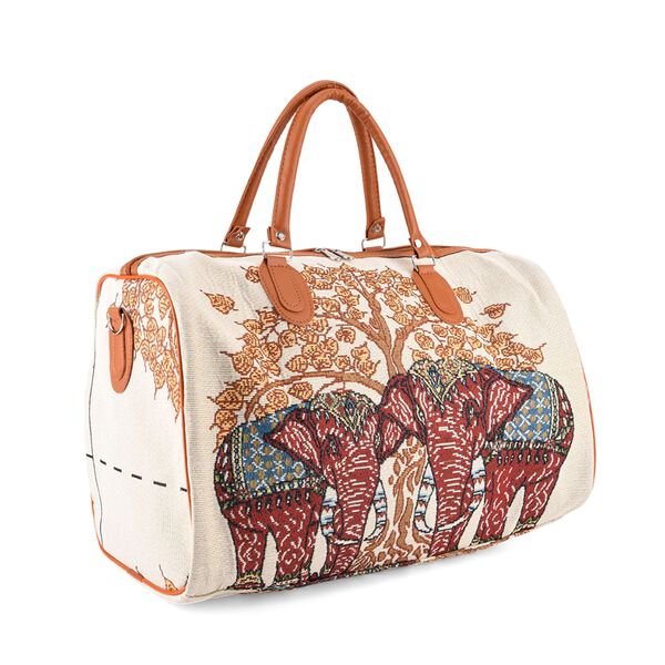 "Life style Color:White with red elephant print /Profile:Duffel bag wall(exterior):Polyester    Lining(interior): polyester; Pockets(exterior):Zipped-1 Pockets(interior):none Measurement:45*23*27cm         "