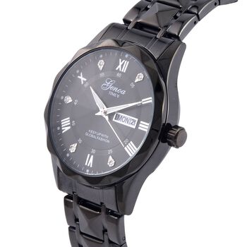 GENOA TIME V2, Schwarzes Zifferblatt und Kristallglas, Edelstahlarmband, 3ATM Wasserdicht, Reiner Edelstahl, Schwarz Beschichtung