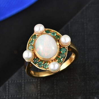 D'Joy nat&uuml;rlicher, &auml;thiopischer Welo Opal, Perle und Smaragd Ring