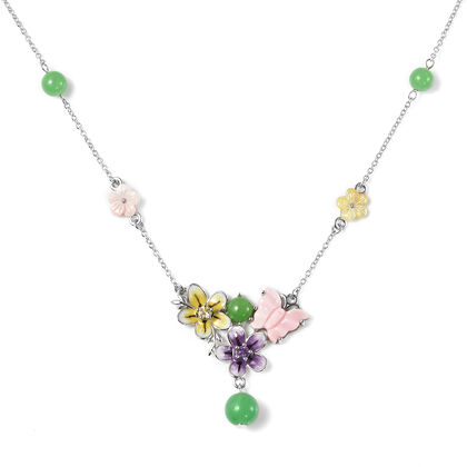 JARDIN KOLLEKTION - grüne Jade und rosa Perlmutt-Halskette, 925 Silber rhodiniert ca. 14,15 ct