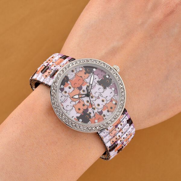 STRADA - Armbanduhr mit Katzengesichtmotiv, Kristall-Lünette, Japanisches Uhrwerk, Edelstahlzugband, Reiner Edelstahl image number 2